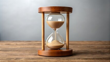 Vintage wooden hourglass filled with sand on rustic table