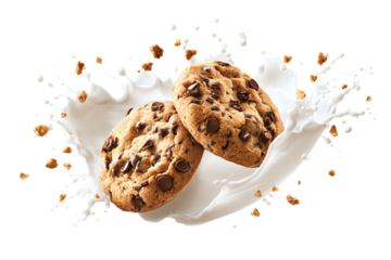 Delicious chocolate chip cookies splashed with milk on a white background.