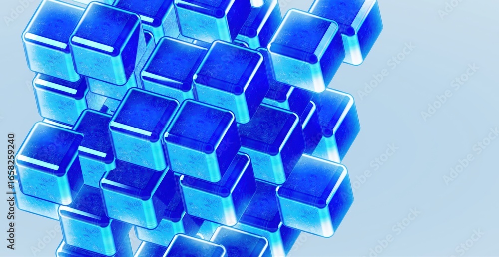 Poster an abstract representation of a complex blue cube structure, highlighting technology and innovation,