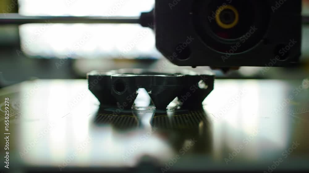 Poster close-up of a 3d printer creating an object with black plastic.