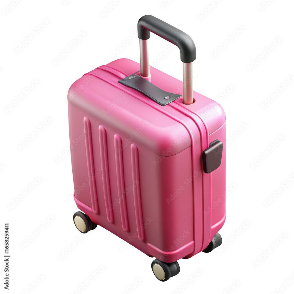 Poster 3d pink rolling suitcase with telescopic handle isolated on transparent background