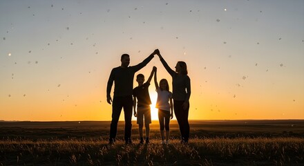 A family in the desert at sunset makes a home shape with their arms.