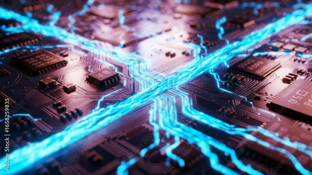 Aufkleber circuit board with electric blue currents of data flowing through it.