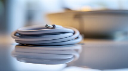 Macro Close-up of Tidy Charging Cable Wrapped in Coil