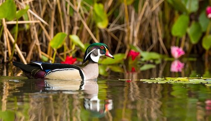 Obraz premium Wood Duck on Calm Water with Lily Pads and Reeds