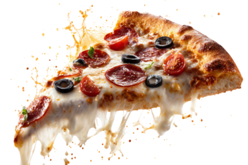 Delicious slice of pepperoni pizza with melted cheese and black olives, isolated on a white background.