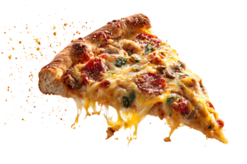 Delicious slice of pizza topped with cheese, pepperoni, and vegetables, deliciously melted, on a white isolated background.