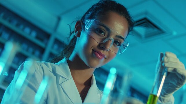 A woman in a lab coat is smiling as she holds a test tube