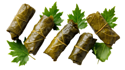 Delicious stuffed grape leaves arranged with fresh green leaves on a white background.