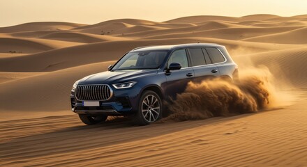 Obraz premium Luxury SUV driving through desert sand dunes at sunset, kicking up dust.