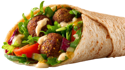 Delicious wrap filled with falafel, fresh vegetables, and creamy sauce, ideal for a healthy meal or snack.