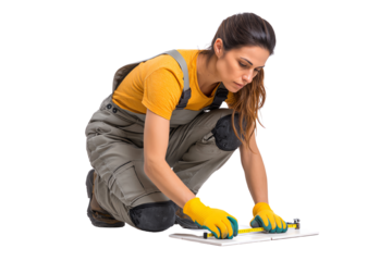 Female worker kneeling on the ground, focused on measuring with tools, wearing gloves and work attire, isolated on white background.