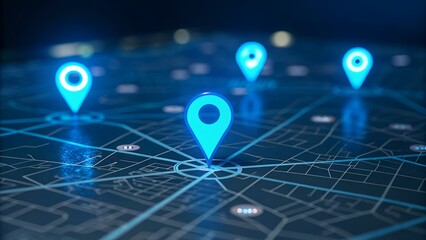 Glowing blue location pins on a digital city map
