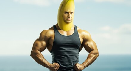 Muscular man with a banana on his head.