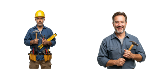 Construction workers collaborating in a workshop tools and equipment displayed professional environment focused concept. Set PNG