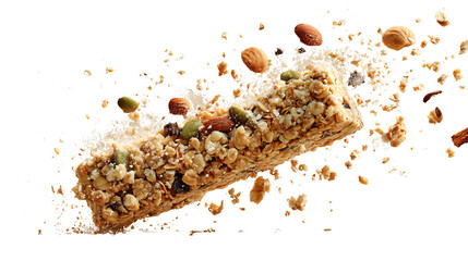 Granola bar with assorted nuts and seeds on a white isolated background.