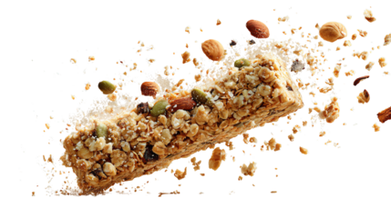 Granola bar with assorted nuts and seeds on a white isolated background.