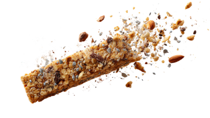 Granola bar with nuts and seeds, isolated on white background, healthy snack falling apart.