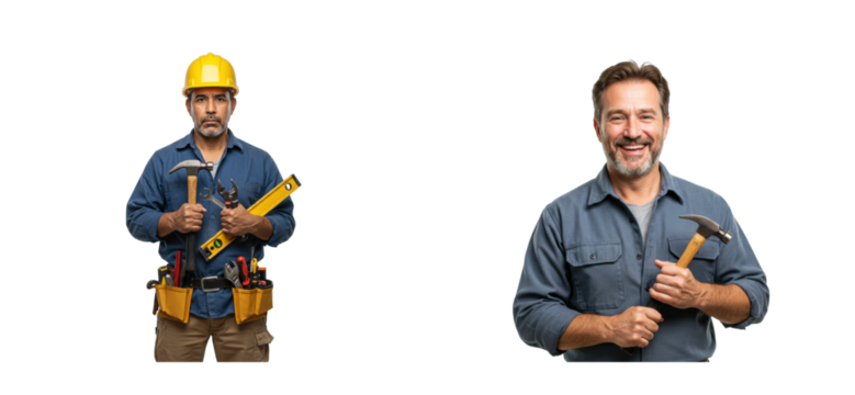 Construction workers collaborating in a workshop tools and equipment displayed professional environment focused concept. Set PNG