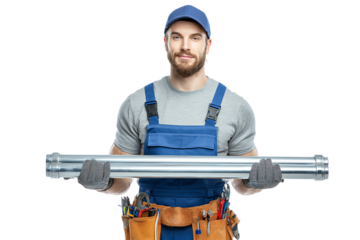 Skilled worker holding metal pipes, ready for industrial tasks, isolated on white background.