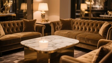 Elegant Living Room with Tufted Sofas and Marble Coffee Table