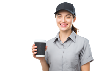 Smiling barista with coffee cup, dressed in gray uniform and cap, white isolate background.