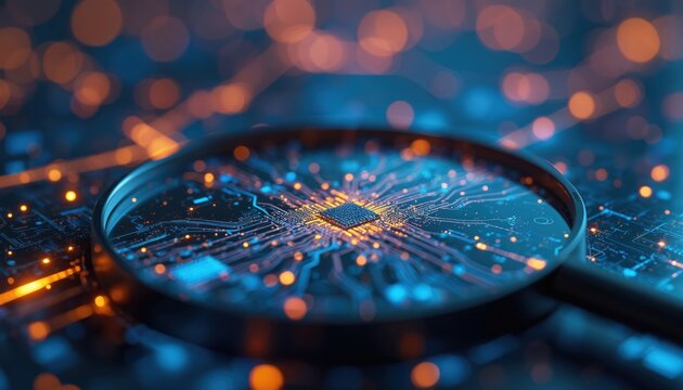 Magnifying glass on digital circuit board with glowing data patterns. Futuristic blue and orange lights illuminate intricate connections, representing technology, innovation, and data analysis.