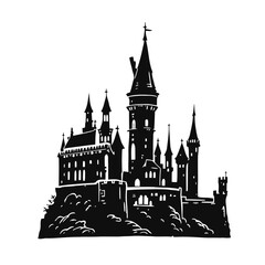 Obraz premium Vector illustration of a medieval European castle with a cathedral and a towering silhouette