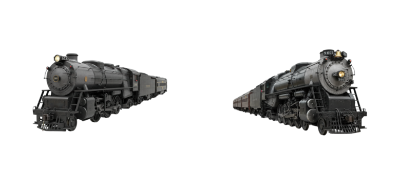 Historic steam train exhibition railway museum digital indoor environment wide angle engineering marvels. Set PNG