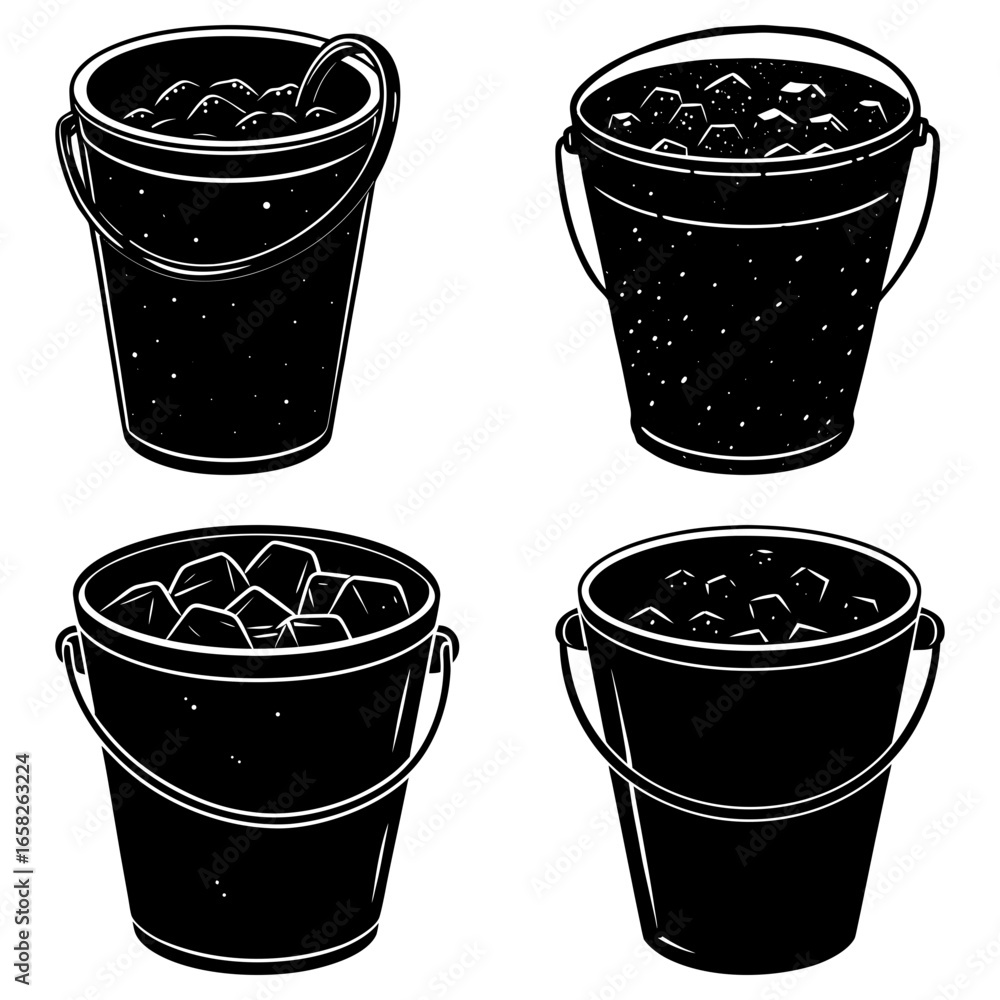 Poster illustration of four buckets filled with ice cubes in a black and white design style image view