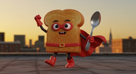 Superhero toast character holding spoon on rooftop at sunrise.