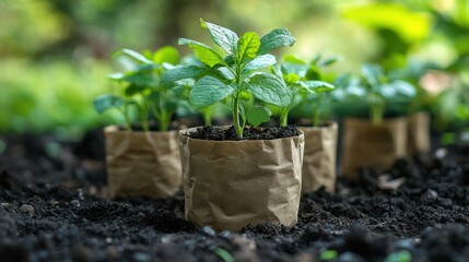 Young Plants in Paper Bags on Soil Surface