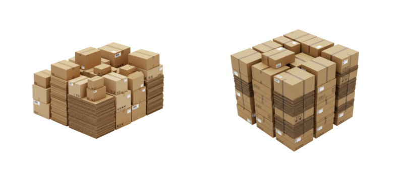 Warehouse operations stacked cardboard boxes distribution center digital indoor environment aerial logistics management. Set PNG