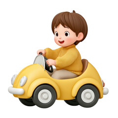 Happy child in yellow toy car enjoying a joyful ride on a sunny day, with bright colors and playful expressions