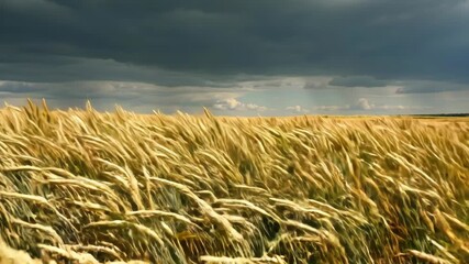 Golden wheat field swaying under ominous storm clouds - Powered by Adobe