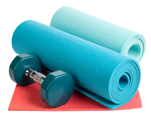 Fitness kit including rolled yoga mat and dumbbell isolated PNG