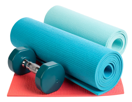 Fitness kit including rolled yoga mat and dumbbell isolated PNG