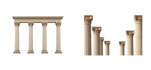 Architectural columns display classical style museum exhibit indoor setting artistic perspective historical significance. Set PNG