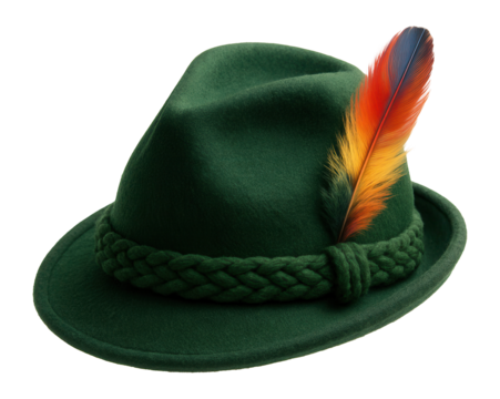 Green Tyrolean hat with a braided band and colorful feather.
