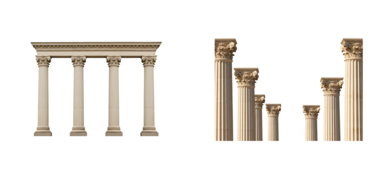 Architectural columns display classical style museum exhibit indoor setting artistic perspective historical significance. Set PNG