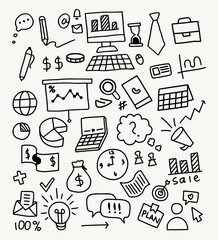 Hand drawn doodle set of business icons with finance, marketing, planning, technology, and communication elements in sketch style illustration.
