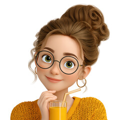 Happy woman with glasses enjoying a drink in a cozy setting with warm lighting and stylish outfit