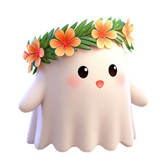 Cute cartoon ghost wearing a floral crown with vibrant flowers in a whimsical and playful design