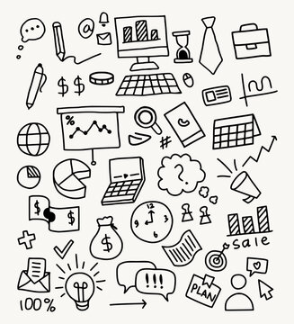 Hand drawn doodle set of business icons with finance, marketing, planning, technology, and communication elements in sketch style illustration.