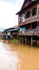 Wooden houses by a river