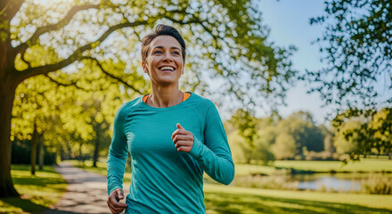A happy woman runs in a park, smiling and enjoying her outdoor workout in the bright sunshine. Promoting health.