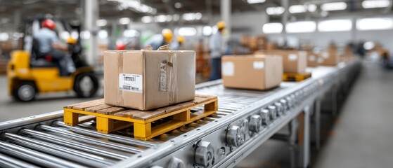 Naklejka premium Efficient parcel delivery system with roller conveyor in a warehouse logistics environment