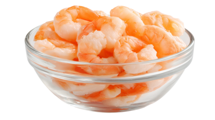 Bowl of cooked peeled shrimp isolated on transparent background