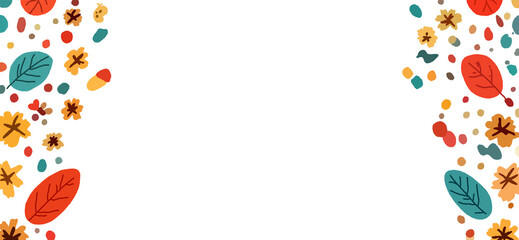 Graphical illustrations decorated with leaves and pellet-like shapes of various colors in a warm and cool tone, with space in the center, used as background text, party posters, banners or website