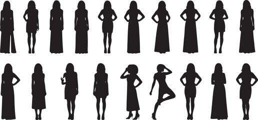 Fototapeta premium Collection of diverse female silhouettes in various poses and fashion styles against a white background